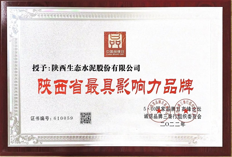 喜報！生態(tài)水泥公司榮獲“陜西省最具影響力品牌”稱(chēng)號