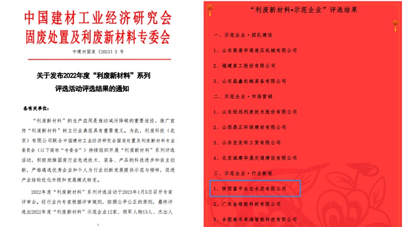 喜報！富平公司榮獲2022年度全國利廢新材料“示范企業(yè)”稱(chēng)號