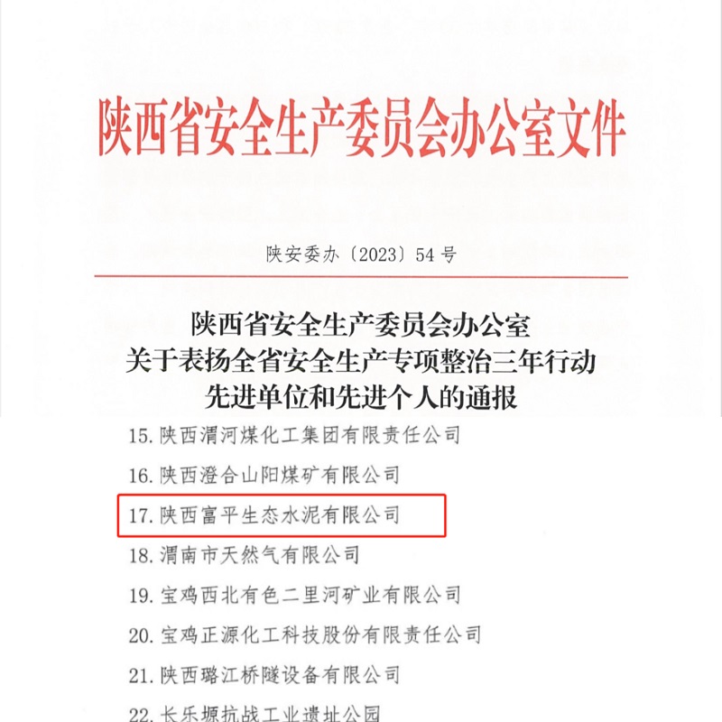 喜報！富平公司榮獲“陜西省安全生產(chǎn)專(zhuān)項整治三年行動(dòng)先進(jìn)單位”稱(chēng)號！