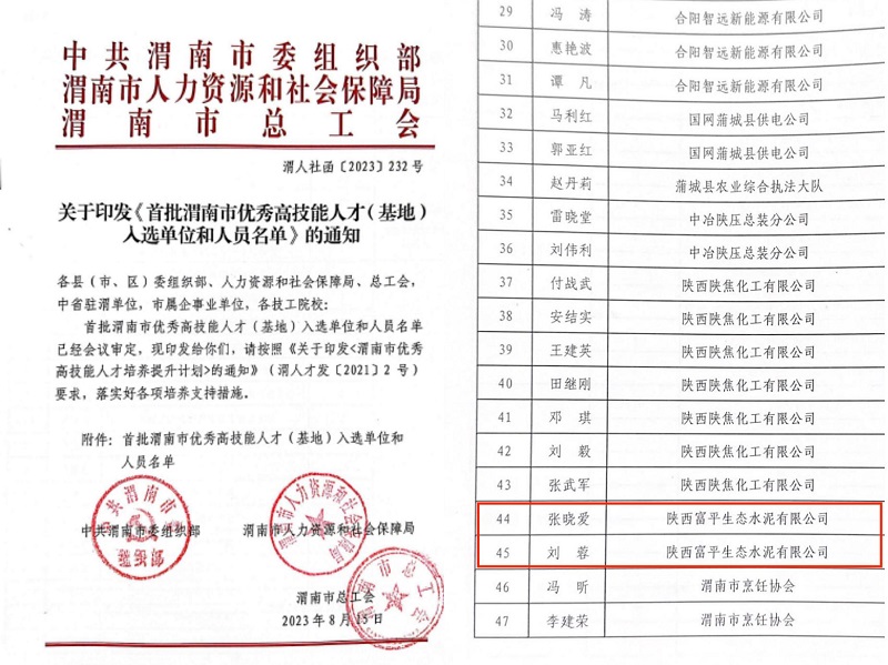 喜報！富平公司2人榮獲首批“渭南市技術(shù)能手”稱(chēng)號