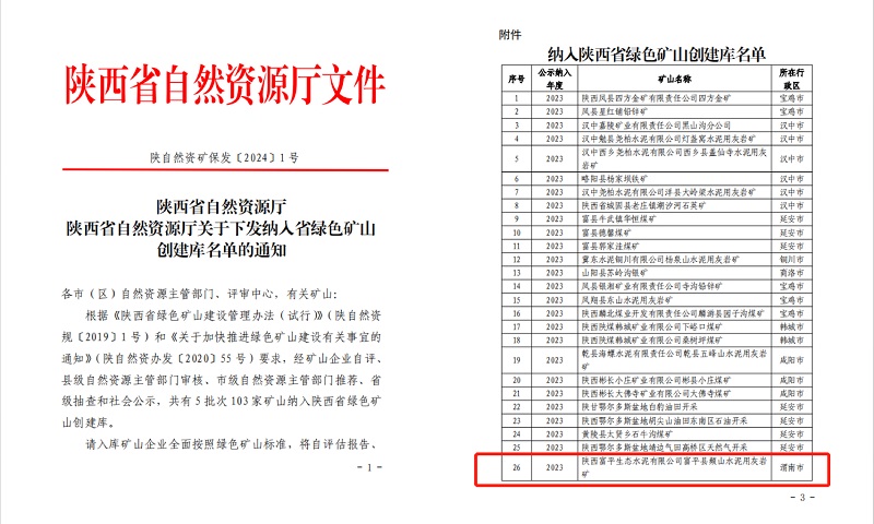 喜訊！富平公司成功納入陜西省綠色礦山創(chuàng  )建庫