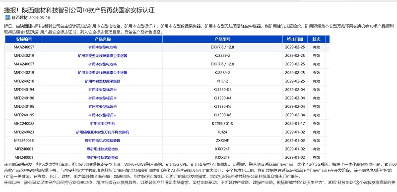 奮進(jìn)陜煤、陜煤集團官網(wǎng) | 捷報！陜西建材科技智引公司10款產(chǎn)品再獲國家安標認證