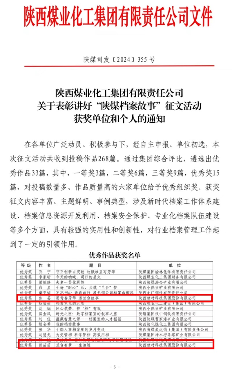 喜報！陜西建材科技檔案故事獲獎了